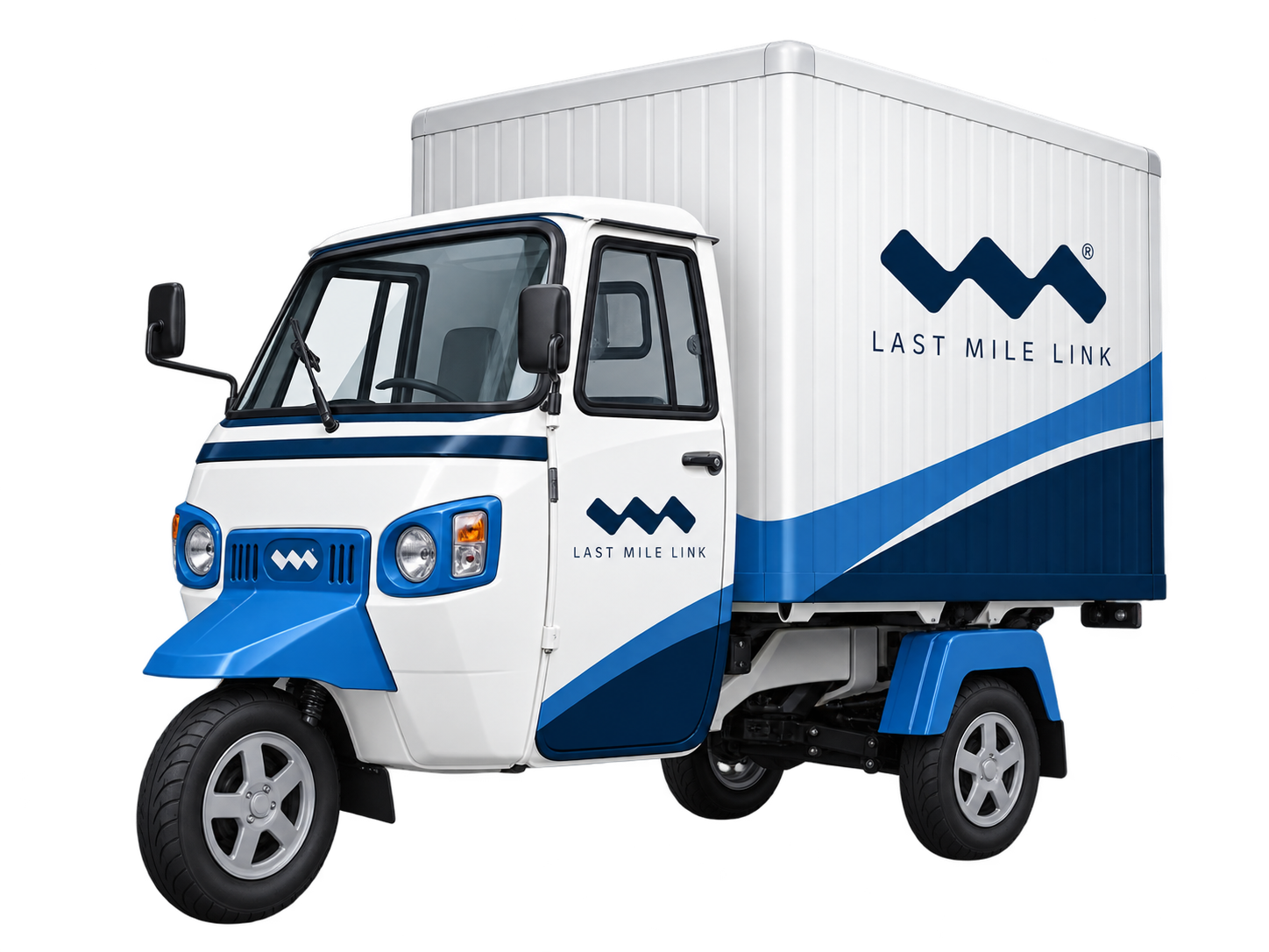 Branded Last Mile Link three-wheeled delivery truck